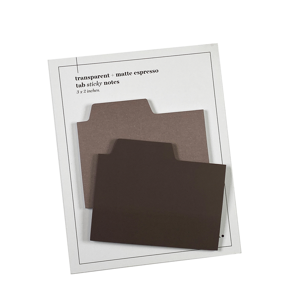 Blank Tab Sticky Note Set, Espresso, Cloth and Paper. Sticky note set displayed against a white background. The matte sticky note pad is attached to the sticky note backing, while the transparent sticky note pad is layered on top of it, turned slightly to the right.