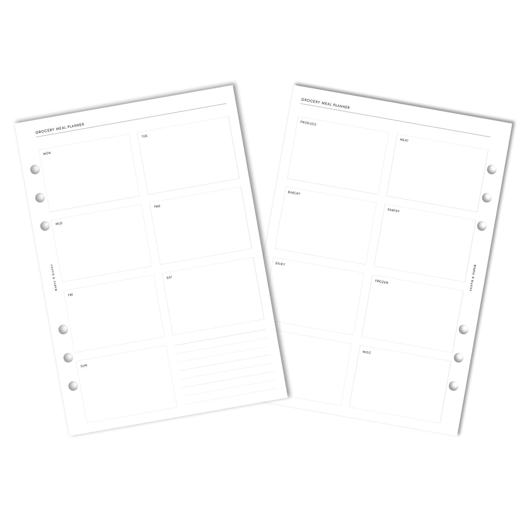 Grocery Meal Planner Inserts, Cloth and Paper. Digital mockup of insert in A5.