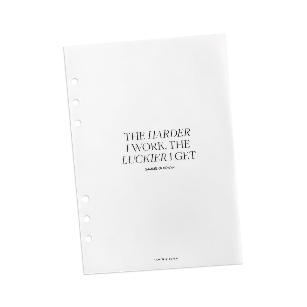The Harder I Work Transparent Planner Dashboard | 2nd Edition | Cloth & Paper | A5 6-Ring Planner Vellum Dashboard