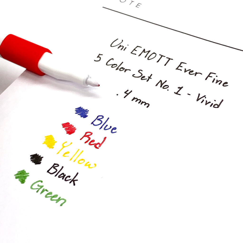 Uni Emott Ever Fine, 5 Color Set No. 1, Vivid, Cloth and Paper. Close up on one pen nib and writing sample.