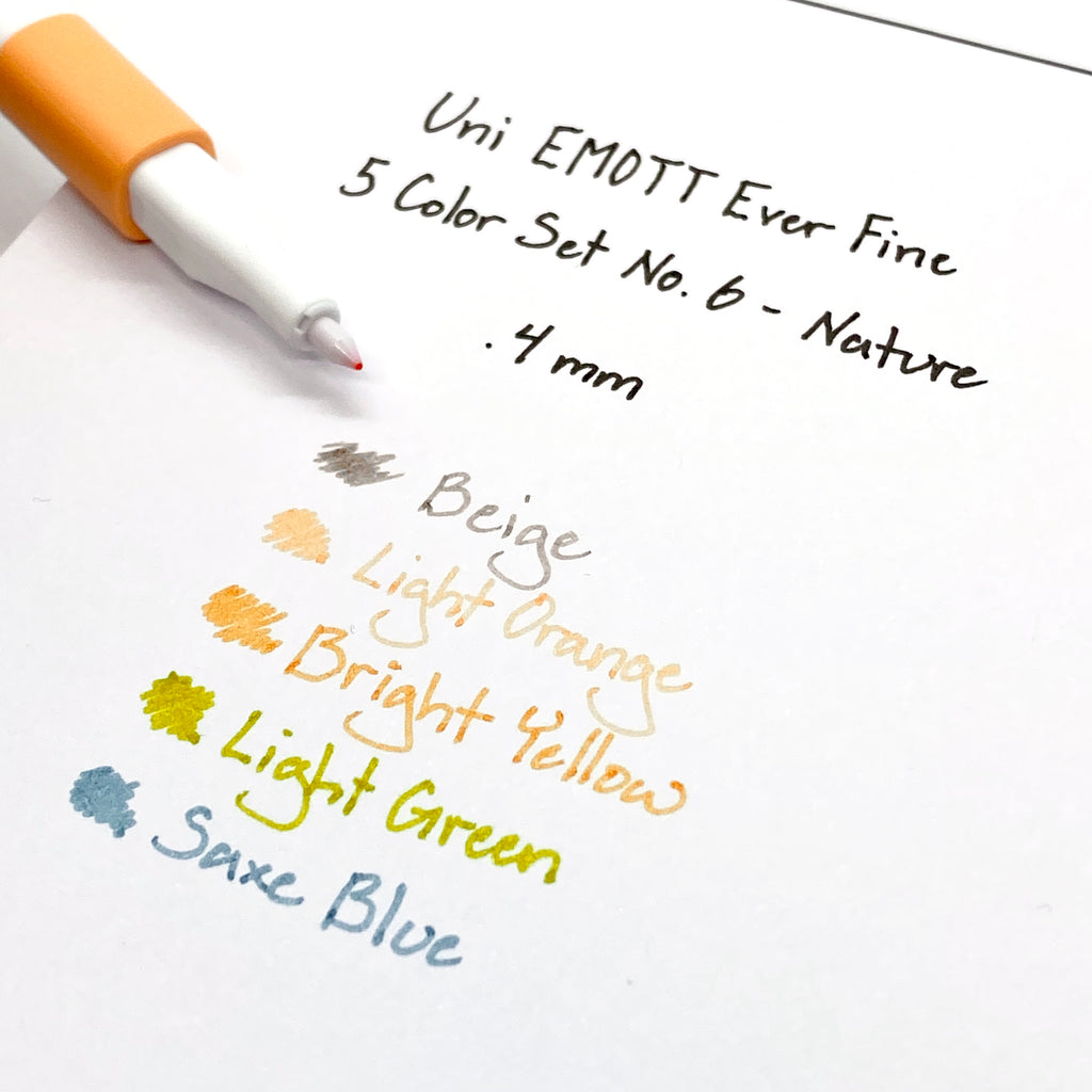 Uni EMOTT Ever Fine, 5 Color Set No. 6, Nature, Cloth and Paper. Close up on one pen nib and writing samples.