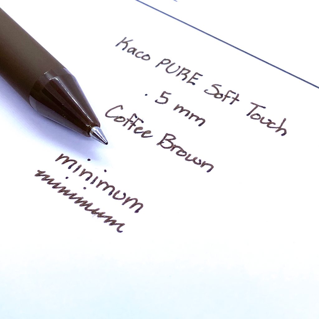 Kaco Pure Soft Touch Gel Pen, Coffee Brown, Cloth and Paper. Close up on pen nib and writing sample.