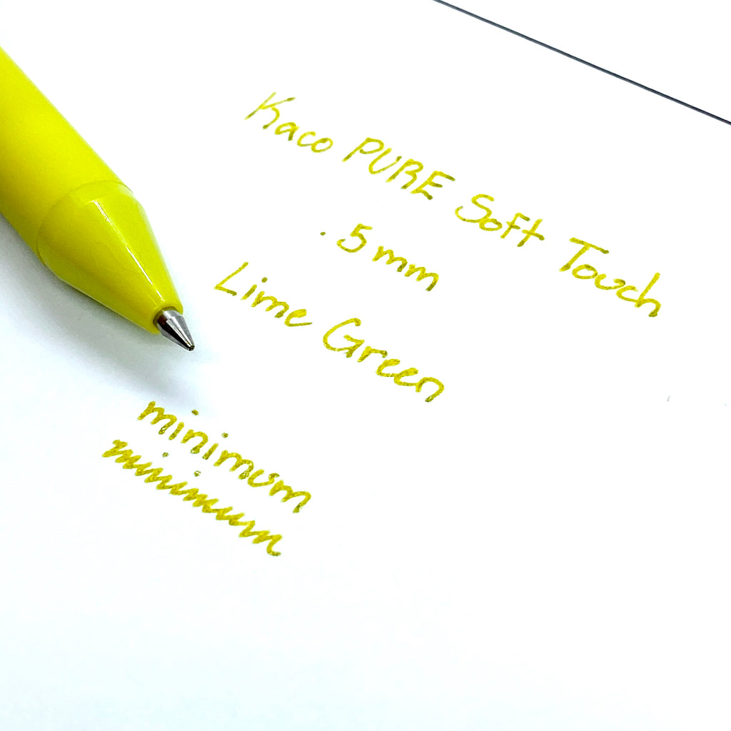 Kaco Pure Soft Touch Gel Pen, Lime Green, Cloth and Paper. Close up on pen nib and writing sample.