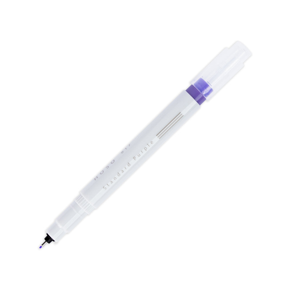 Fineliner marker in Standard Purple with nib exposed and cap posted to the end of its barrel on a white background.