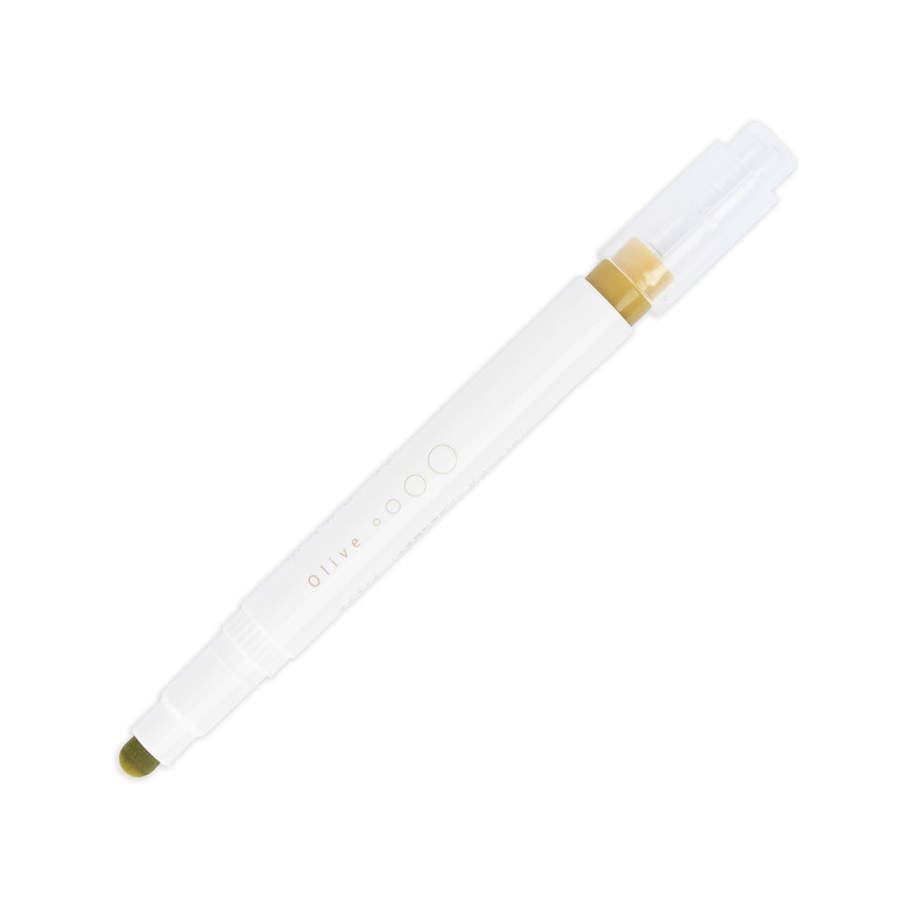 Olive highlighter with tip exposed and cap posted to the end of its barrel on a white background.