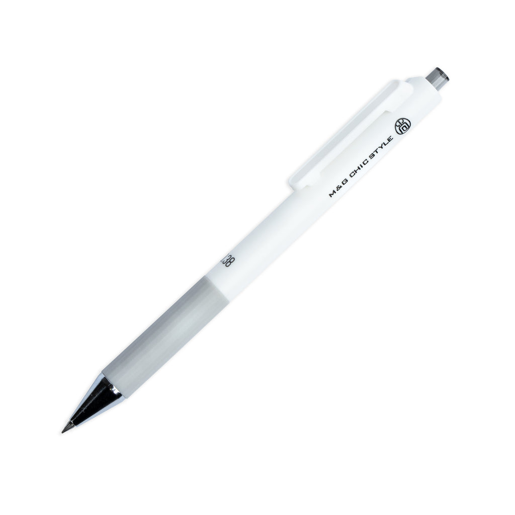 M&G Chic Style Gel Pen, White, Cloth and Paper. Pen with nib exposed tilted slightly to the right on a white background.