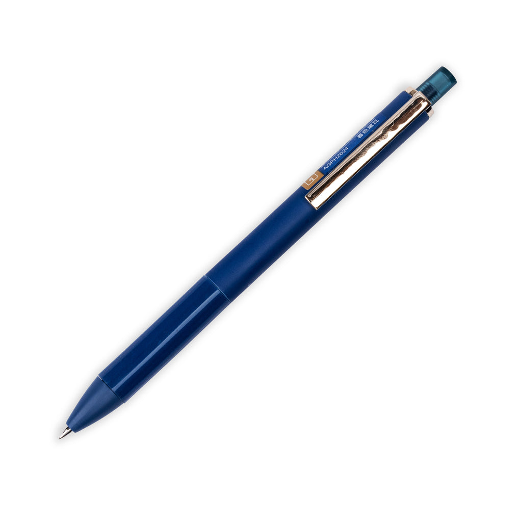 M&G Lab Color Studio Gel Pen, Retro School, Blue, Cloth and Paper. Pen tilted to the right on a white background.