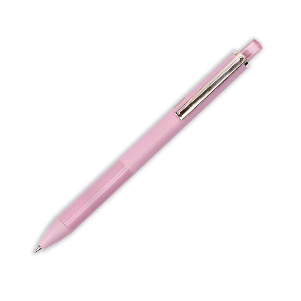 M&G Lab Color Studio Gel Pen, Retro School, Pink, Cloth and Paper. Pen tilted to the right on a white background.