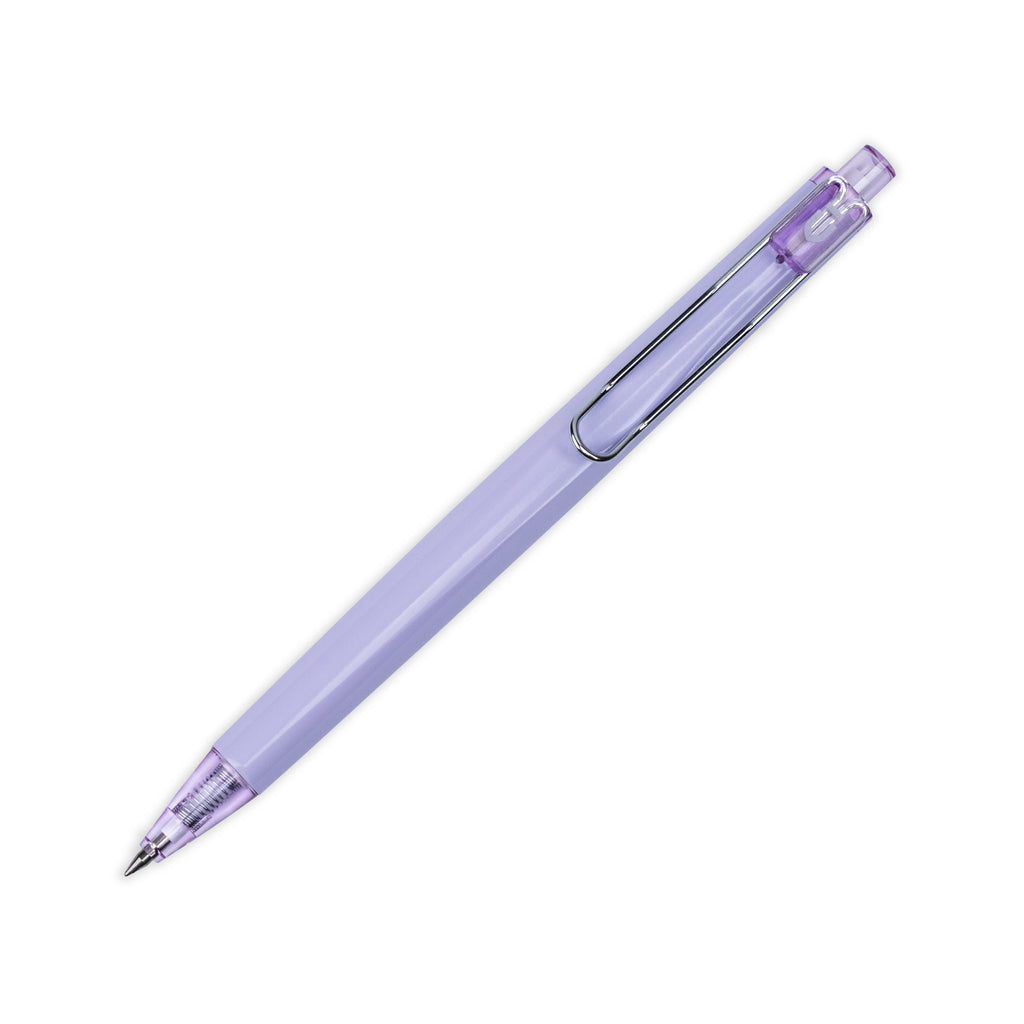 M&G Morandi Color Gel Pen, Purple, Cloth and Paper. Pen tilted to the right on a white background.