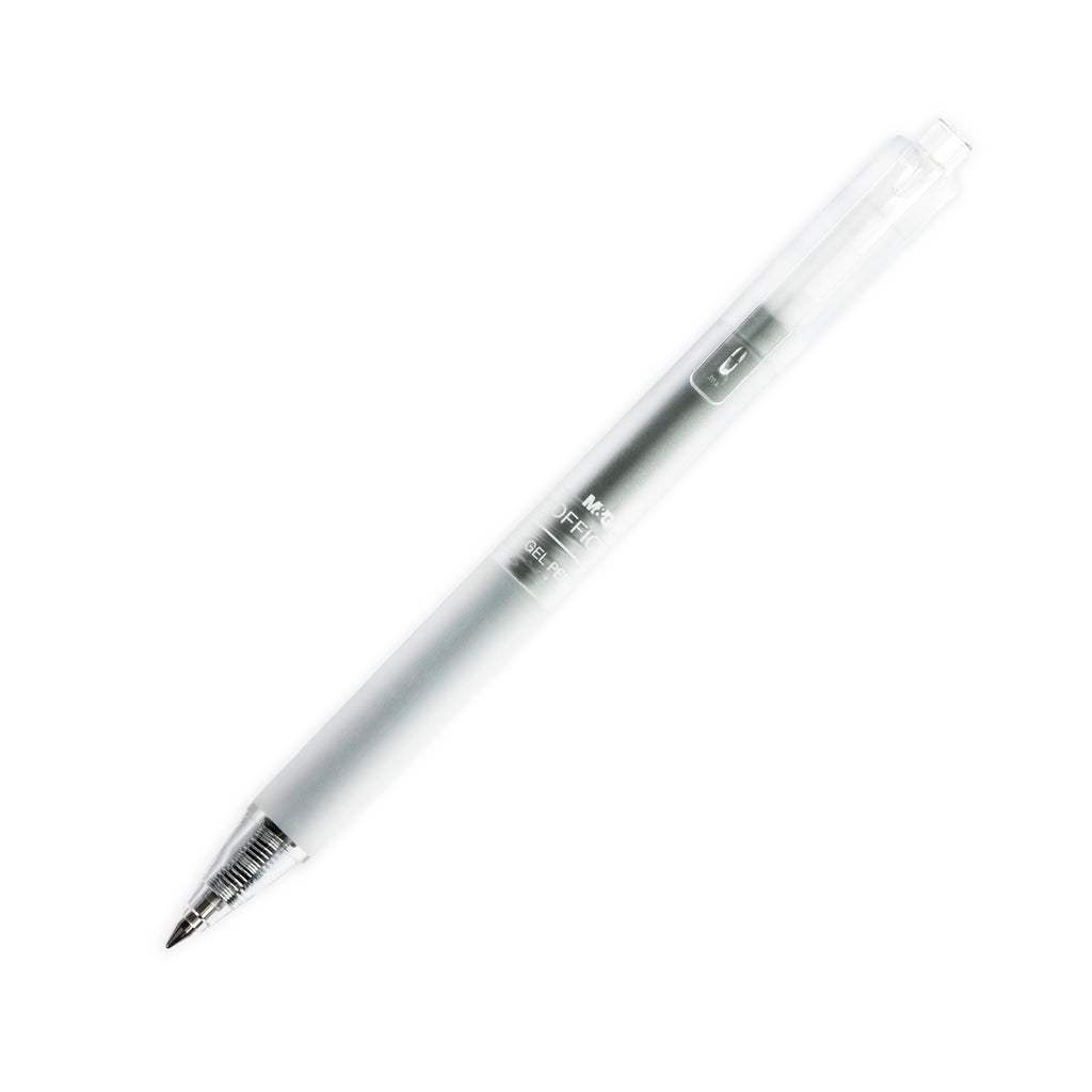 M&G Office Gel Pen, Gray, Cloth and Paper. Pen tilted slightly to the right on a white background.