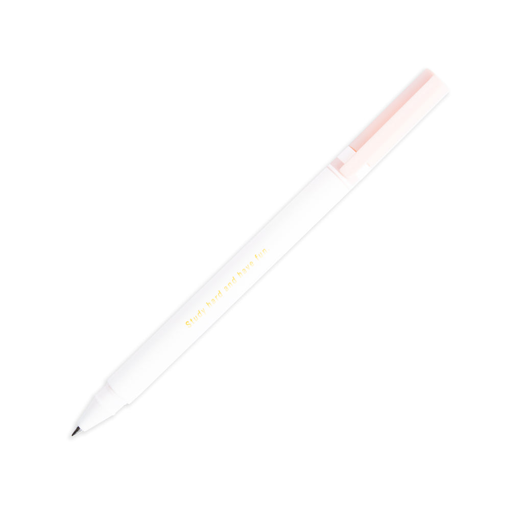 M&G Study Hard and Have Fun Gel Pen in Flower Pink turned to the right against a white background. The pen is uncapped with the cap posted to the back of the pen.