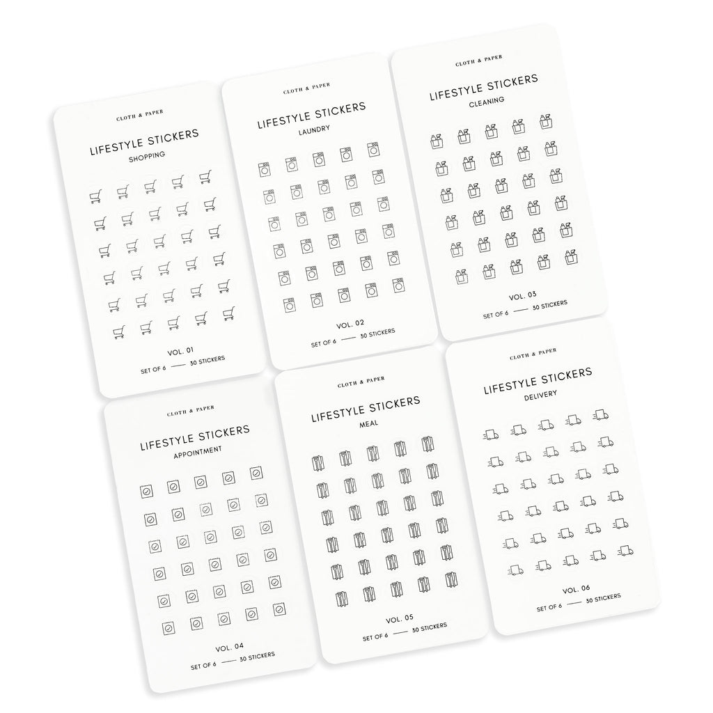 Six sticker designs - shopping, laundry, cleaning, appointment, meal, and delivery - are arranged in a grid tilted slightly to the left on a white background.