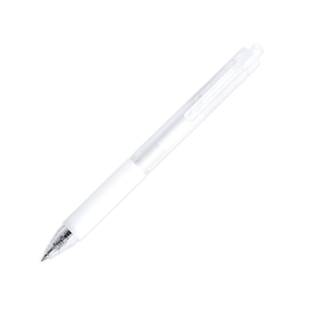 Snowhite Gel Pen, White, Cloth and Paper. Pen with nib exposed tilted to the right on a white background.