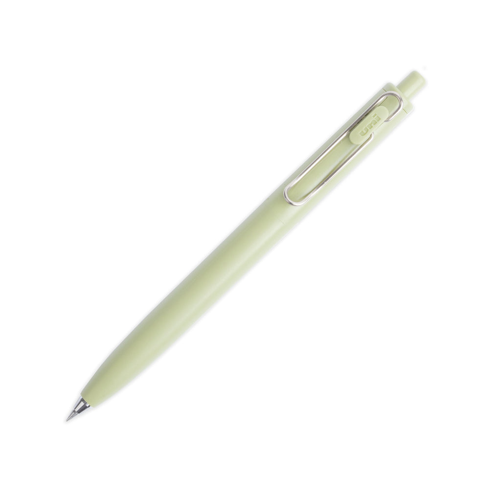 Khaki pen turned to the right against a white background.