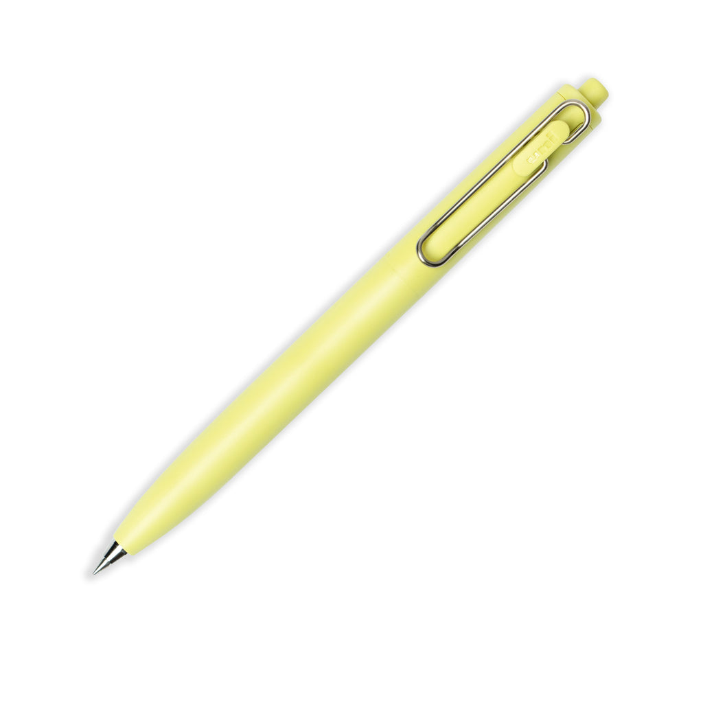 Yellow pen turned to the right against a white background.