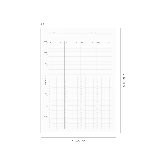 Digital mockup of the Weekly Schedule Insert in B6 sizing.