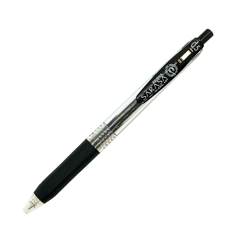 Zebra Sarasa Clip, 0.5 mm, Black, Cloth and Paper. Pen turned to the right against a white background.