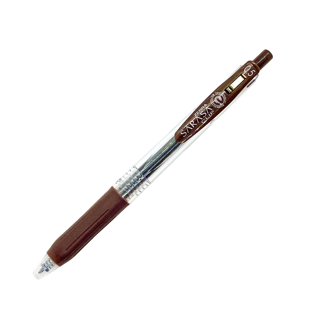 Zebra Sarasa Clip, 0.5 mm, Brown, Cloth and Paper. Pen turned to the right against a white background.