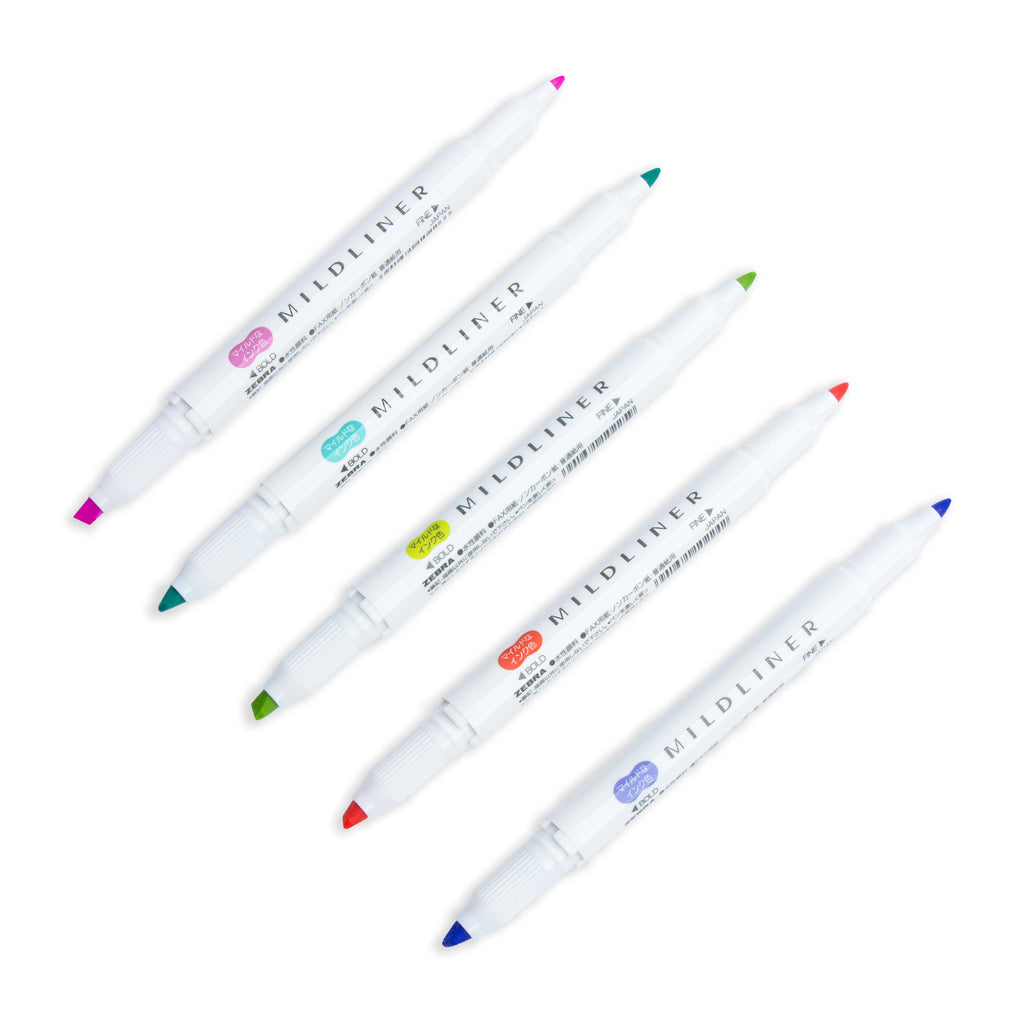Set of 5 Zebra Mildliner Dual Tip Highlighters in Bright colors, both ends uncapped and all tilted slightly to the right
