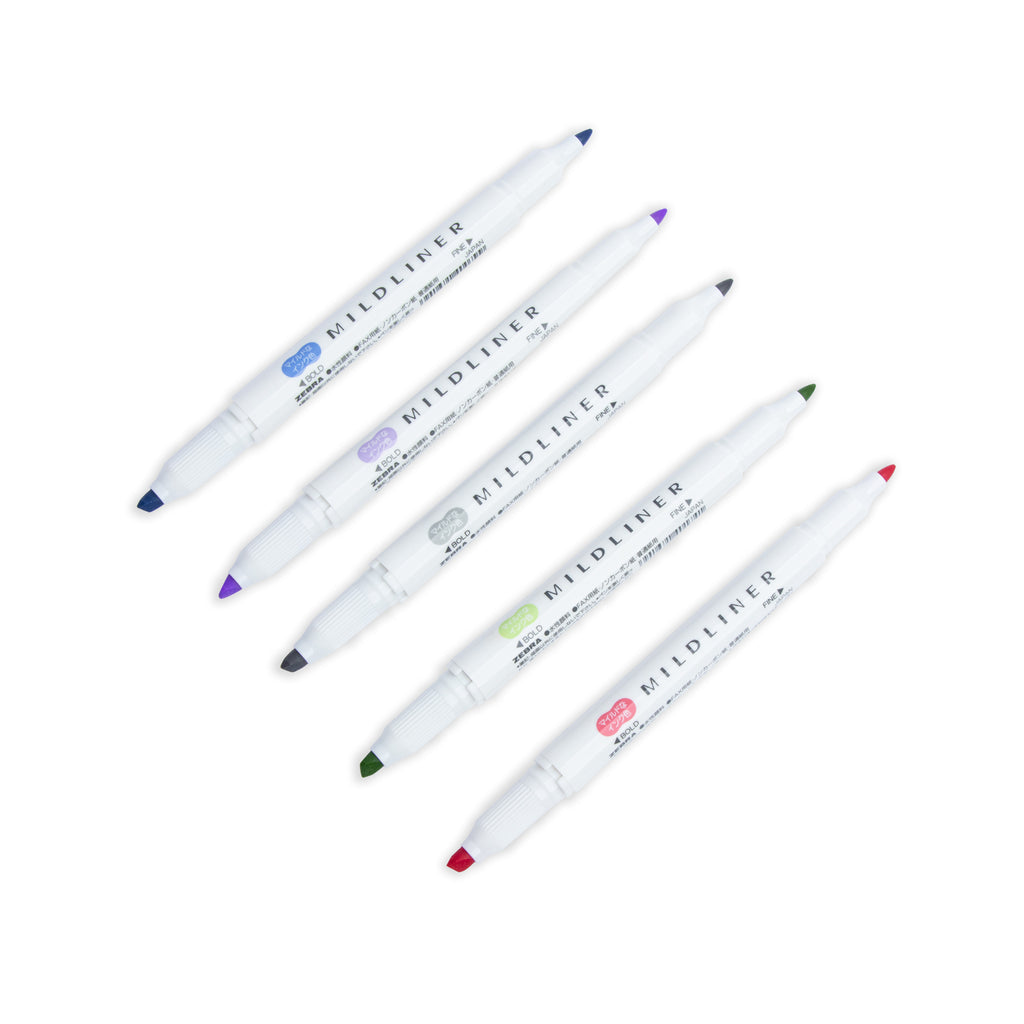 Set of 5 Zebra Mildliner Dual Tip Highlighters in Cool and Refined colors, both ends uncapped and all tilted slightly to the right, on a white background