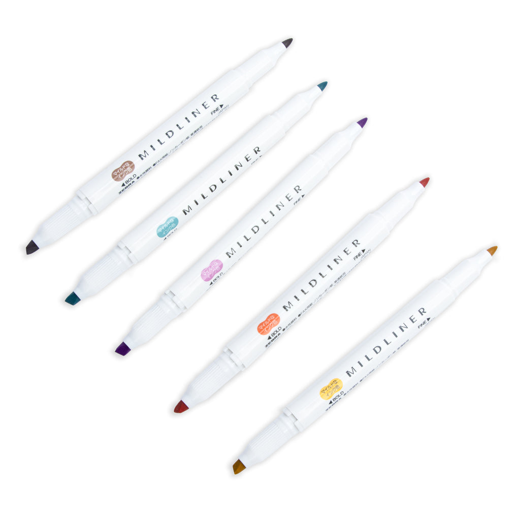 Set of 5 Zebra Mildliner Dual Tip Highlighters in Deep and Warm colors, both ends uncapped and all tilted slightly to the right, on a white background
