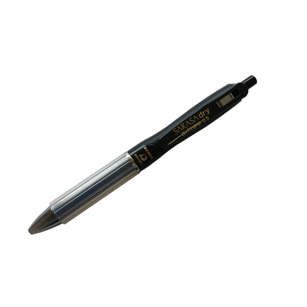 Zebra Sarasa Dry Airfit Grip Rollerball Pen, Black, 0.5mm, Cloth & Paper. Pen turned to the left against a white background.