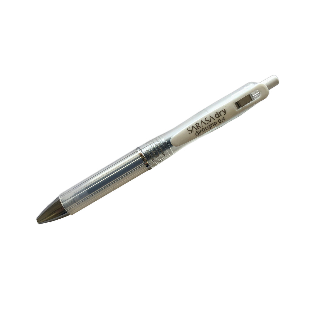 Zebra Sarasa Dry Airfit Grip Rollerball Pen, Clear, 0.4mm, Cloth & Paper. Pen turned to the left against a white background.