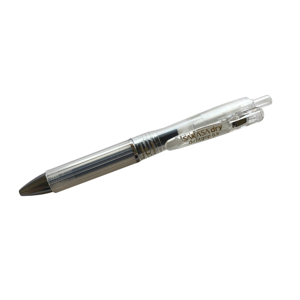 Zebra Sarasa Dry Airfit Grip Rollerball Pen, Clear, 0.5mm, Cloth & Paper. Pen turned to the left against a white background.