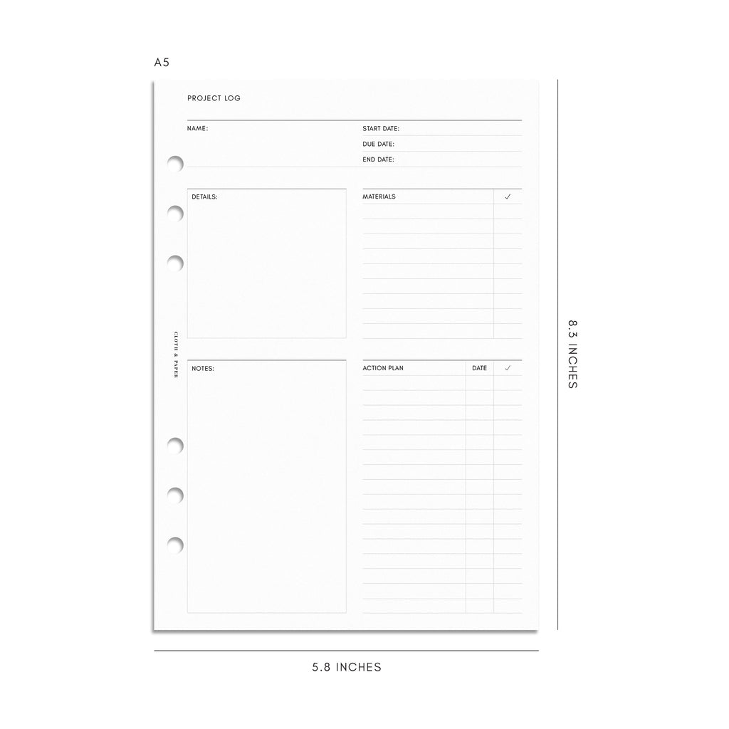 Digital mockup of insert in A5 sizing. Page shown is project log.