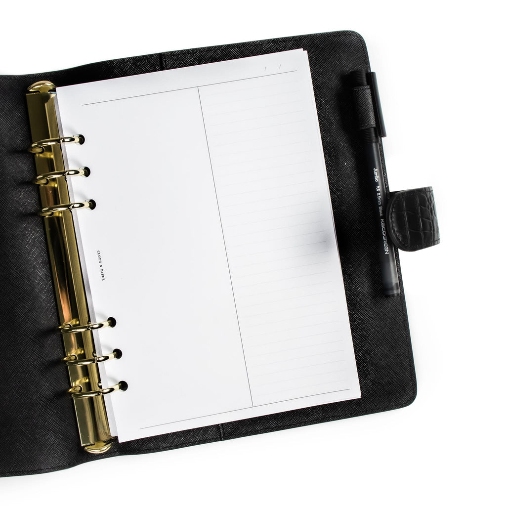 Duo Notes Planner Inserts in Blank and Lined inside a black leather agenda.