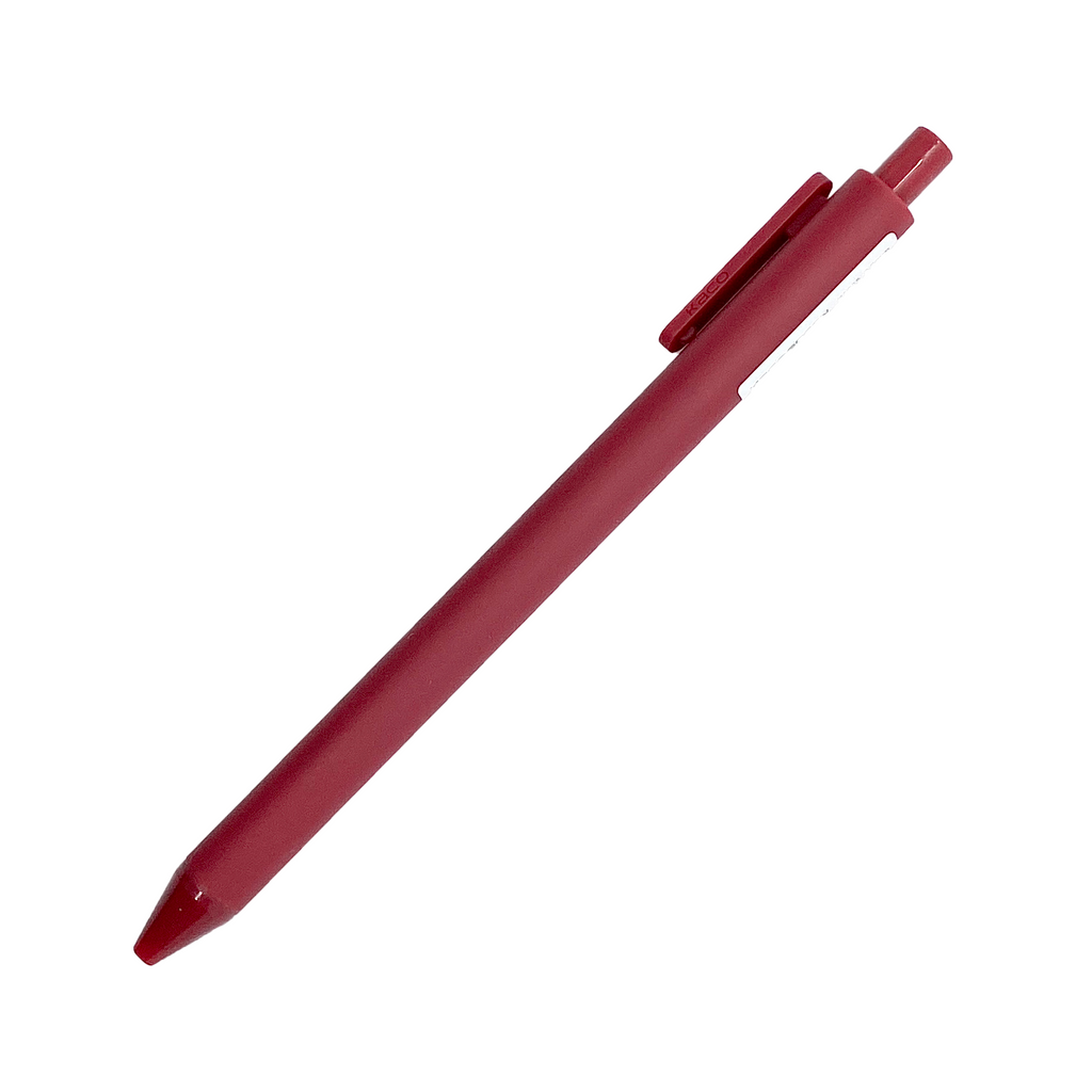 Kaco Pure Soft Touch Gel Pen, Burgundy, Cloth and Paper. Pen turned to the right against a white background.