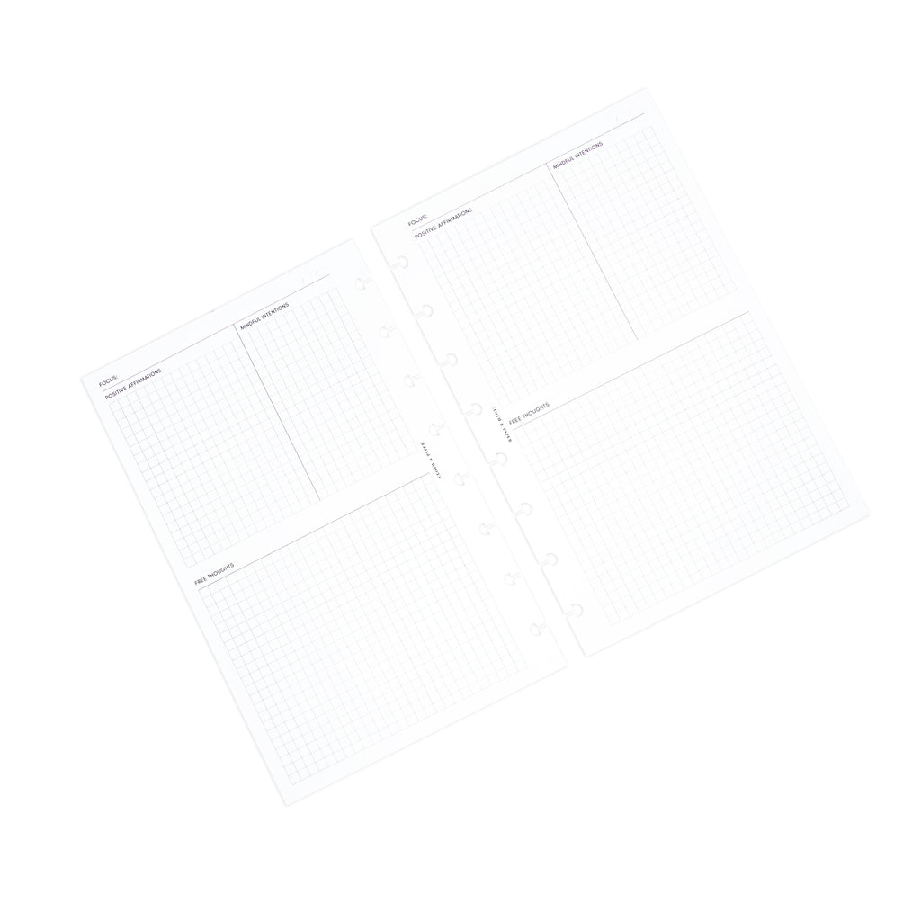 Mental Wellness Inserts, Cloth and Paper. Two insert pages displayed side-by-side turned slightly to the left against a white background.