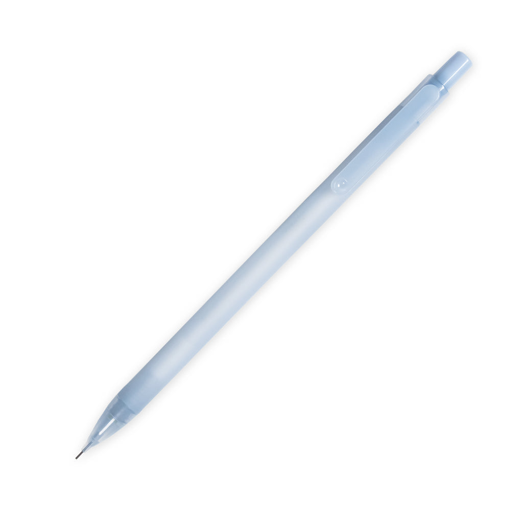 Mechanical pencil in light blue turned to the right against a white background.