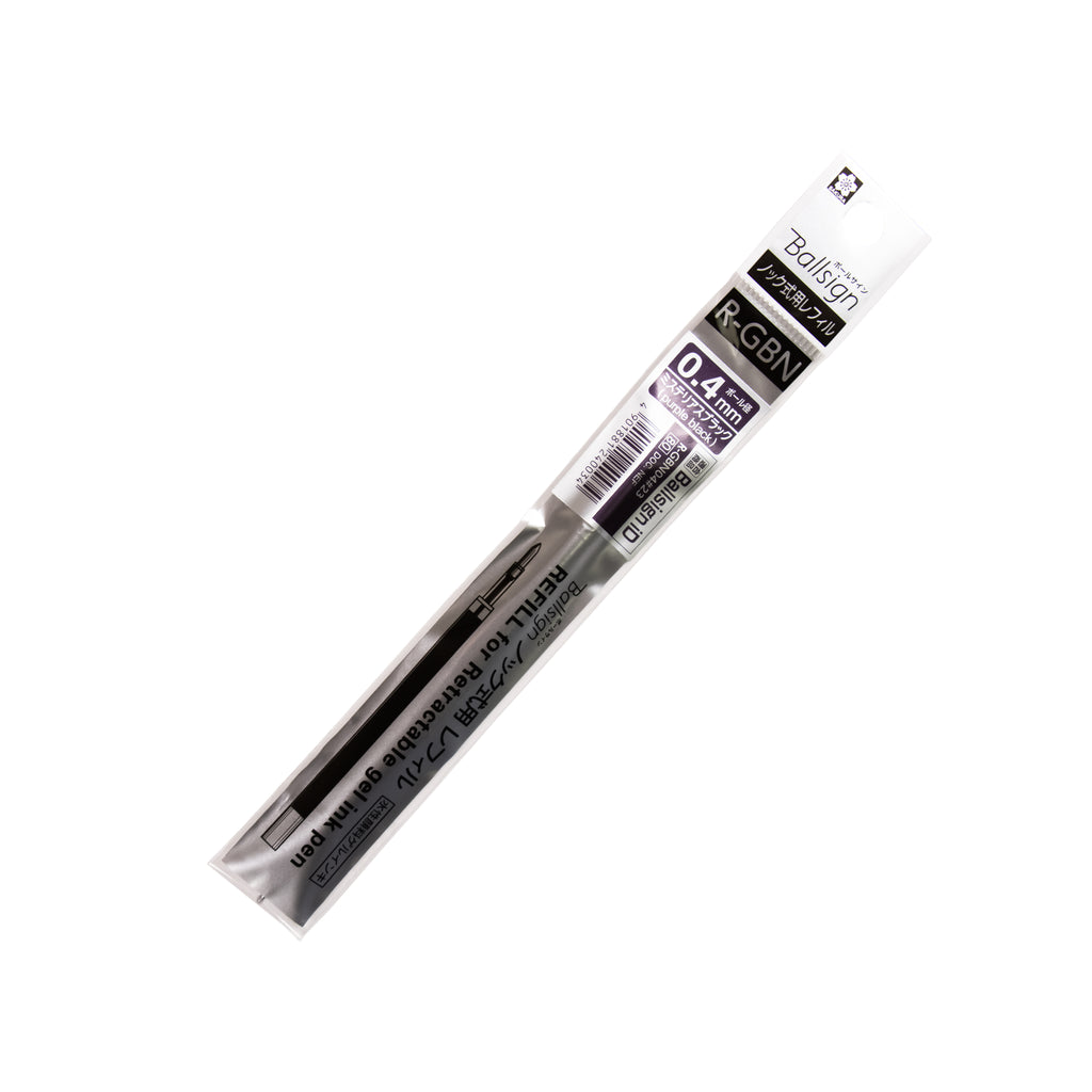 Sakura Ballsign iD Gel Ink Refill, 0.4 mm, Cloth and Paper. Purple black ink refill in its packaging turned slightly to the right against a white background.