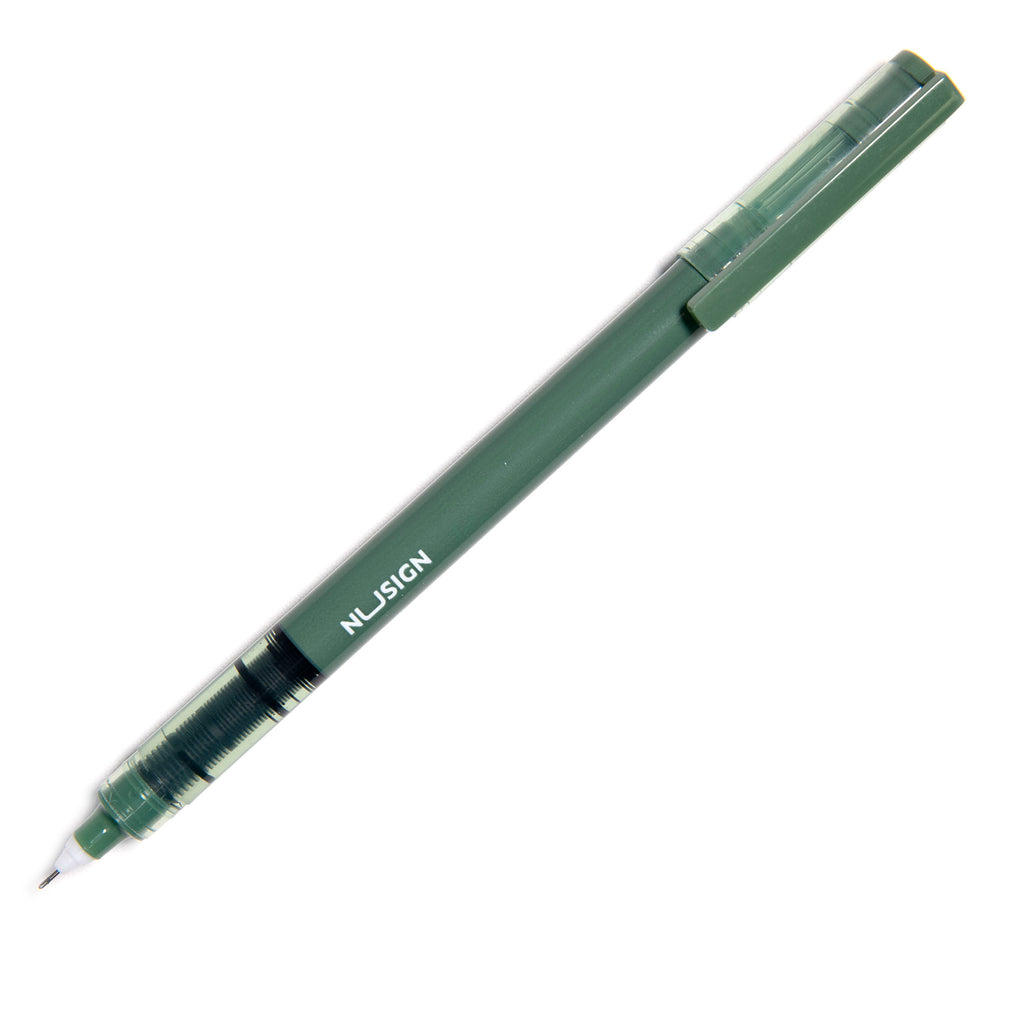 Sign of the Times Pen, Green, Cloth and Paper. Pen uncapped with cap posted, turned to the right against a white background.