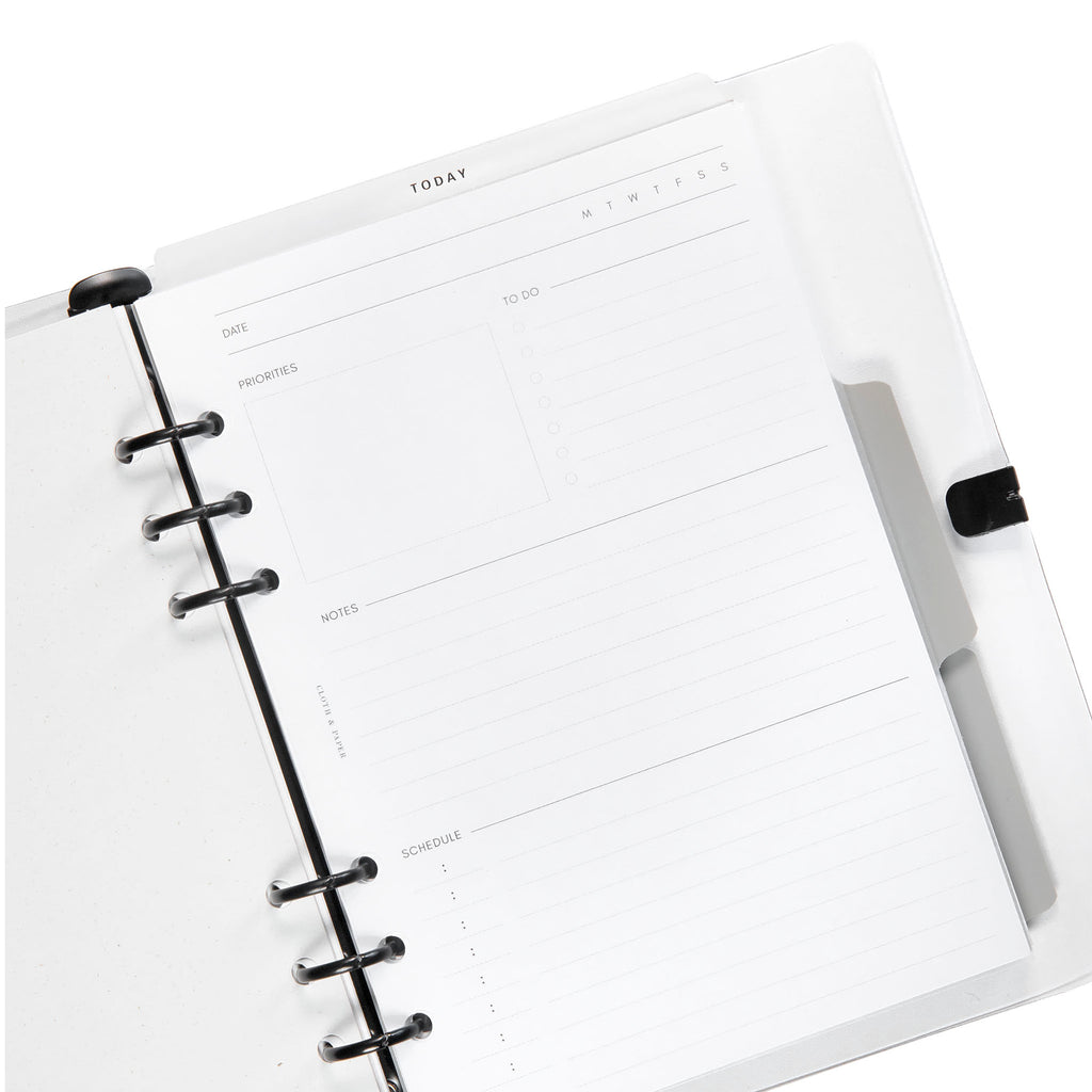 Today Dry Erase Tab Divider, Black Text, Cloth and Paper. Tab divider in use inside of a white leather 6-ring planner agenda.