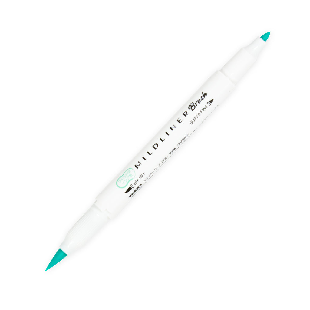 Zebra Mildliner Dual Tip Brush Pen in Blue Green displayed with caps removed from both ends. Pen is turned to the right against a white background.